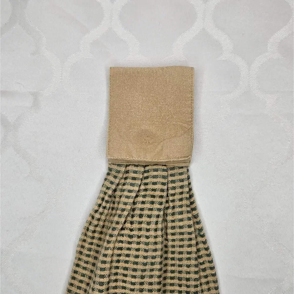Vermont Themed Kitchen Towel Green & Tan Gingham Plaid Pattern